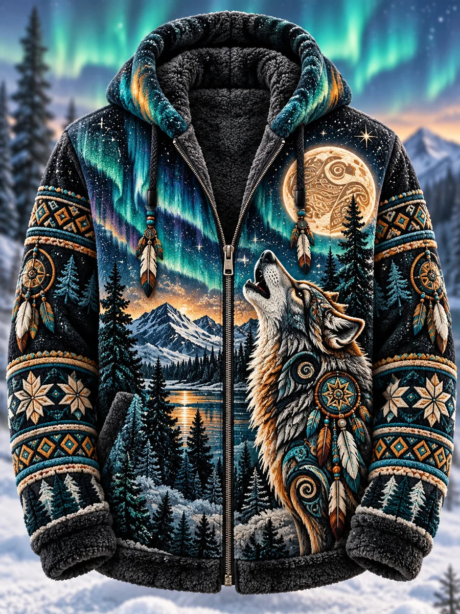 Men's Nordic Animal Print Flannel Zip-Up Hoodie