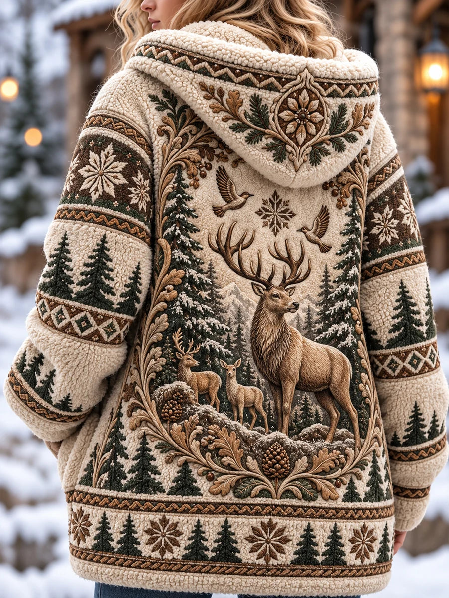 Women's Nordic Forest Animal Mid-Length Hooded Jacket