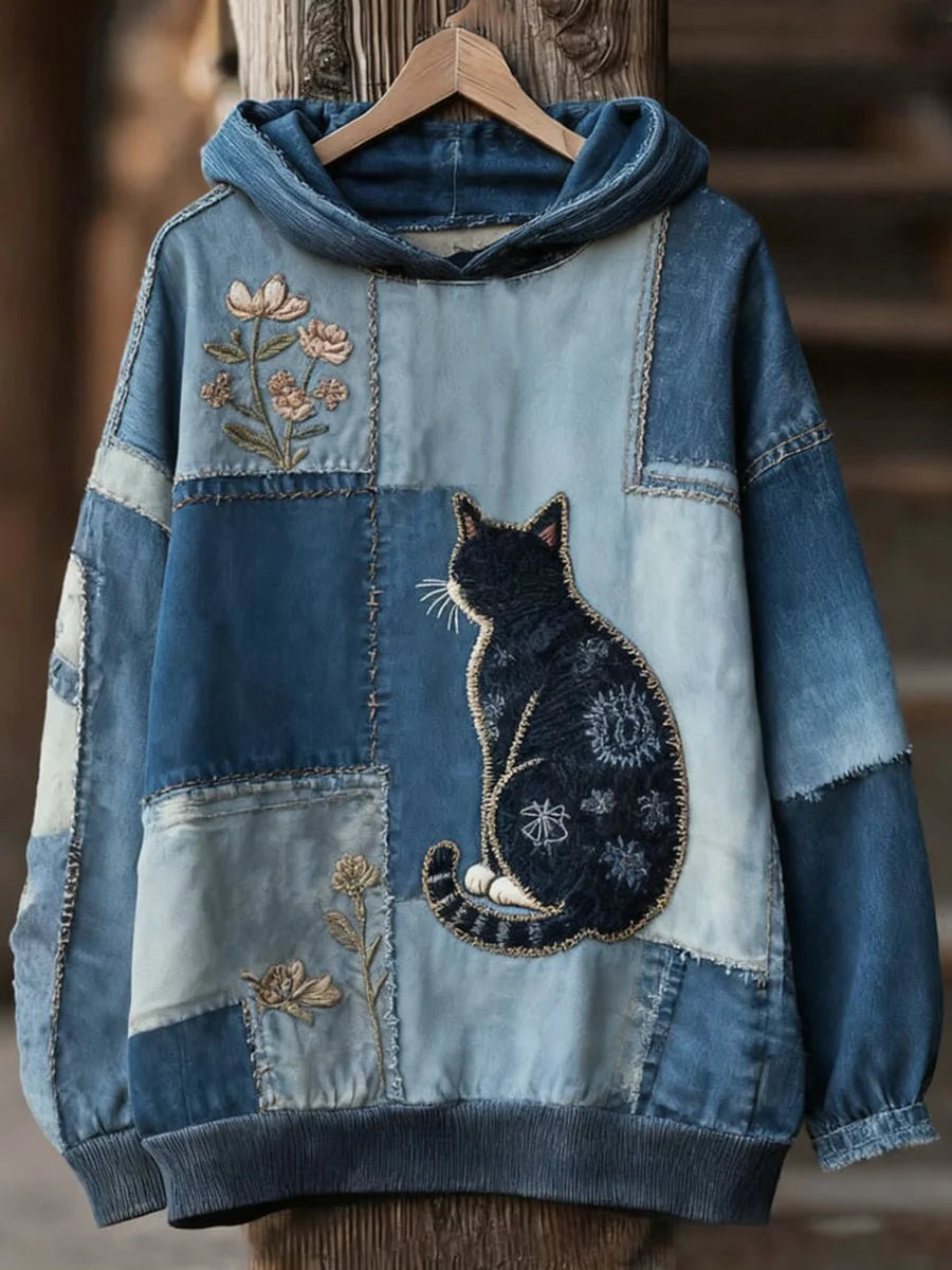 Women's Casual Patchwork Cat Print Hoodie