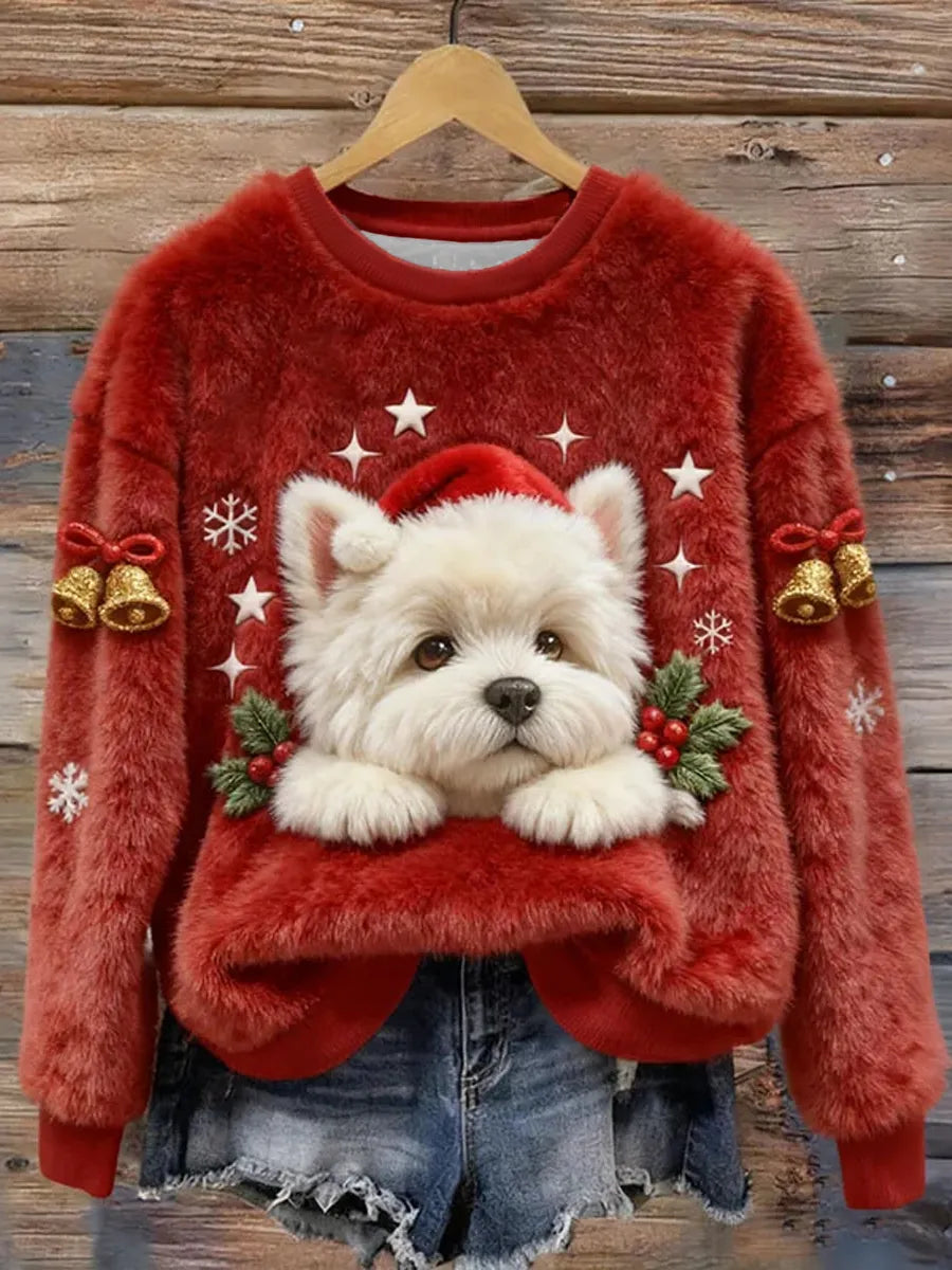 Women's Christmas Cute Dog Art Flannel Hoodie