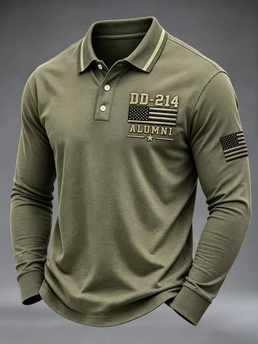 Men's Veterans Day DD-214 Alumni US Flag Print Casual Long Sleeve Polo