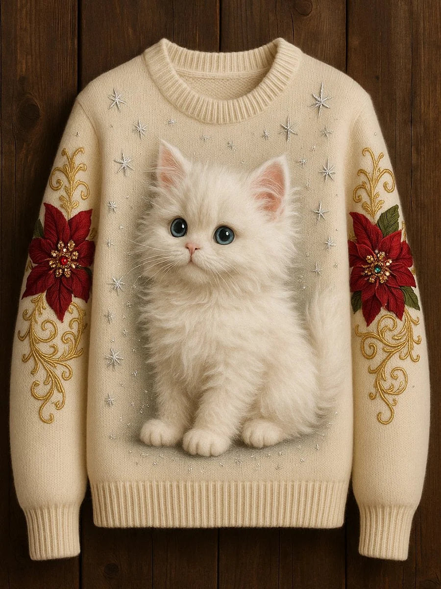Women's Cute Cat Art Print Casual Crew Neck Sweater