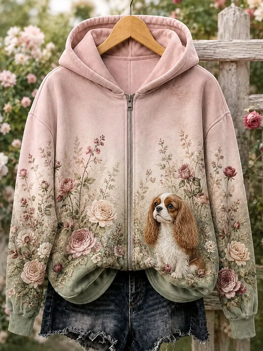Women's Floral Dog Zip-Up Hoodie