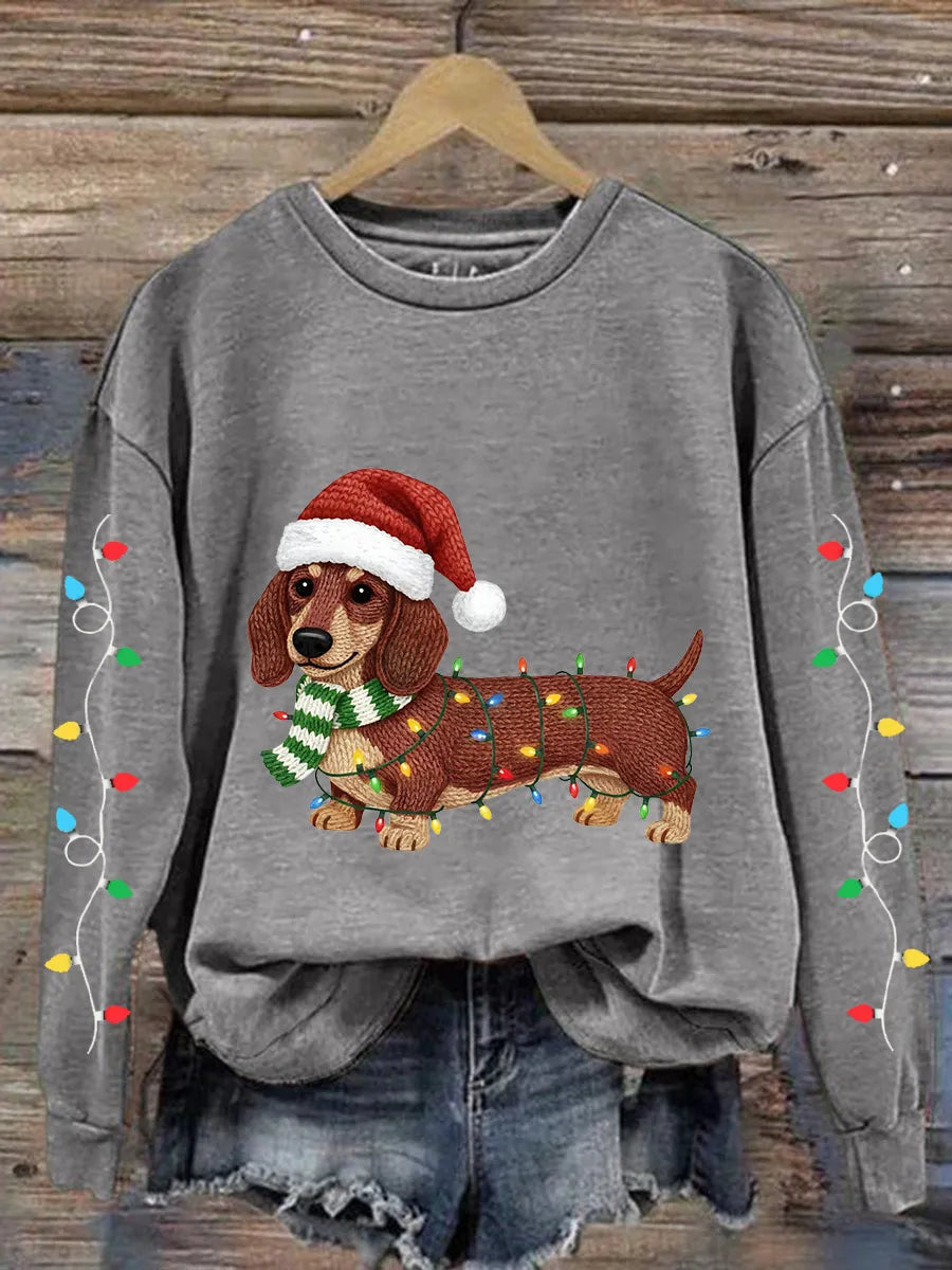 Women's Christmas Lights Dachshund Print Casual Sweatshirt