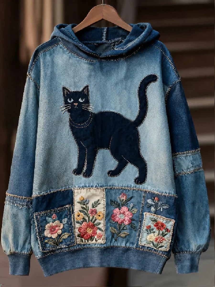 Women's Casual Patchwork Cat Print Hoodie