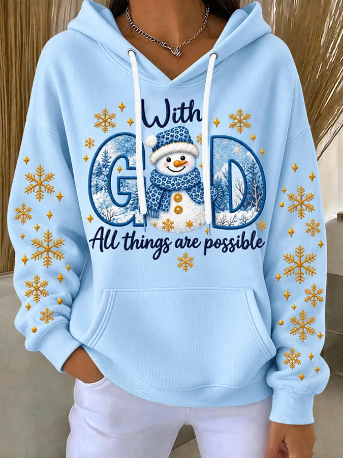 Women's Christmas Snowman Christian Print Knitted Hoodie