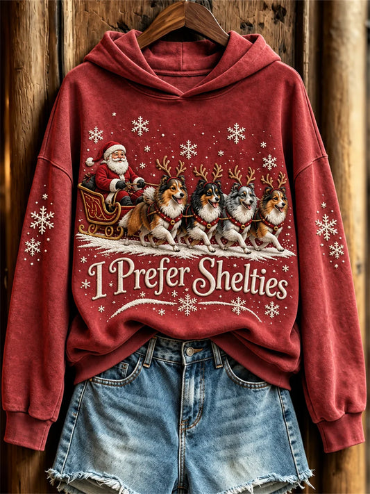 Women's Christmas I Prefer Shelties Santa Claus & Dogs Print Hoodie