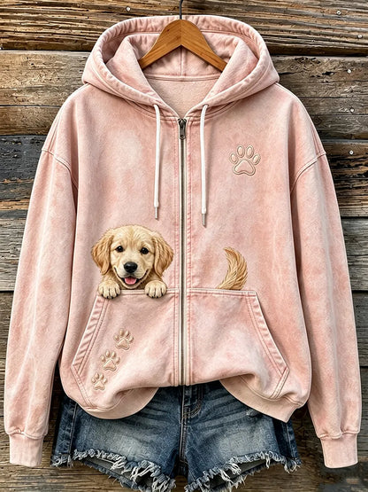 Women's Cute Peeking Golden Retriever & Paws Print Cozy Zip-Up Hoodie