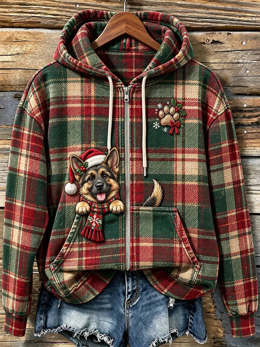 Women's Cute Peeking German Shepherd Christmas Plaid Print Zip-Up Hoodie