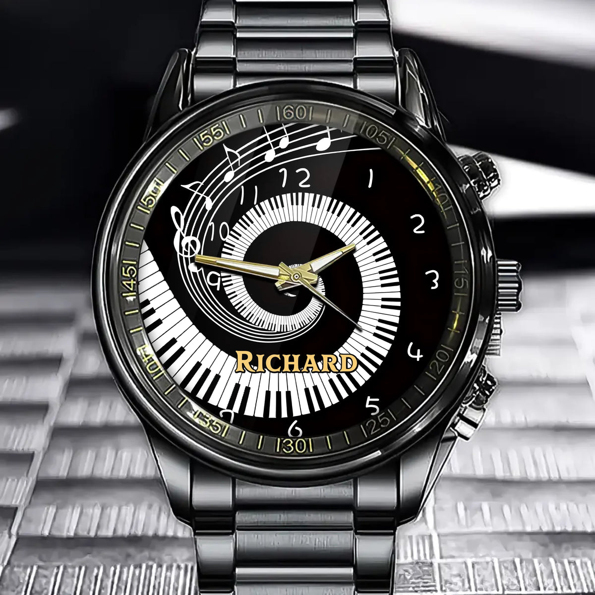 Personalized Music-Themed Watch – Spiral Piano and Notes Design