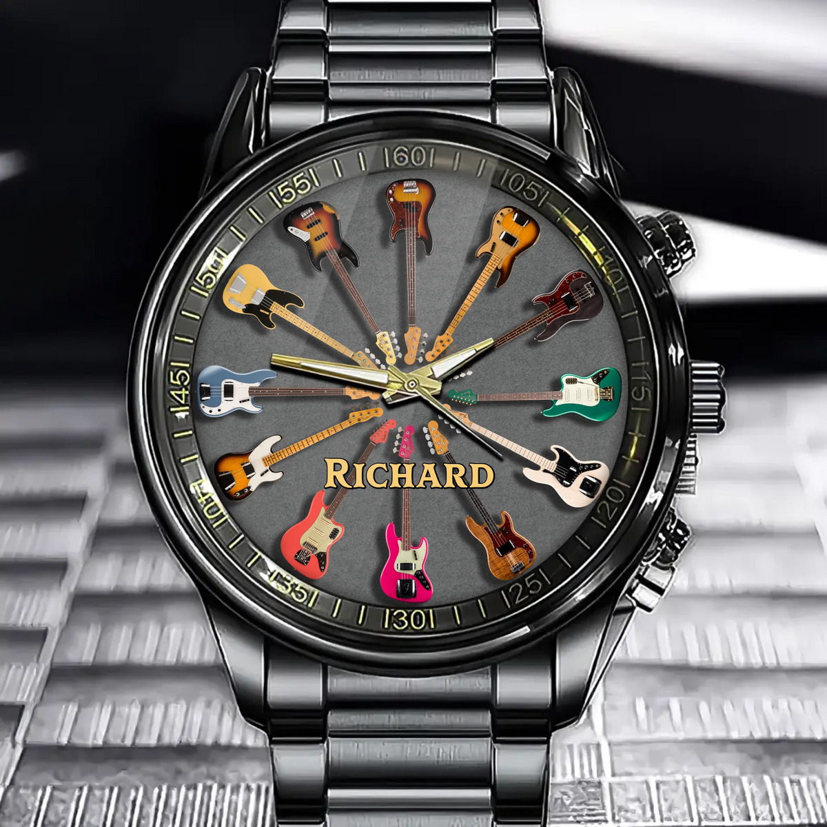 Personalized Rock Around the Clock Bass Guitar Watch for Music Lovers Gray background