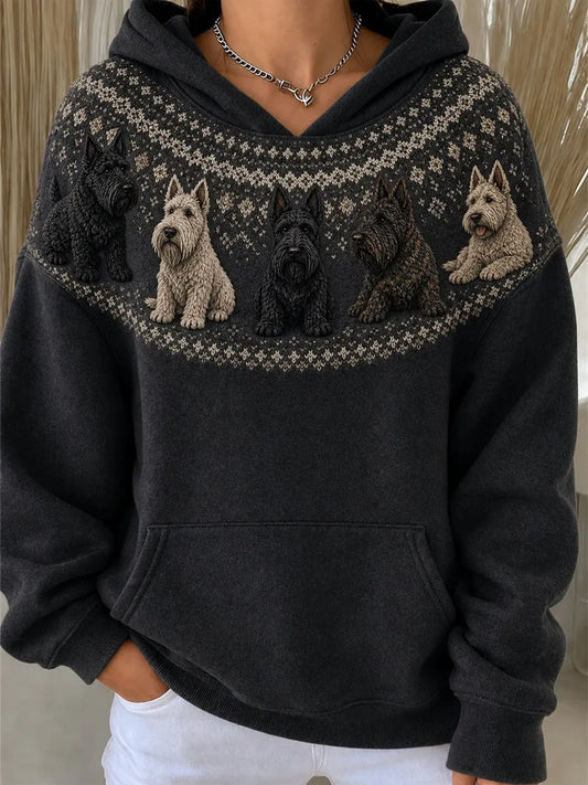 Women's Vintage Scottish Terrier Dogs Yoke Isle Print Cozy Hoodie
