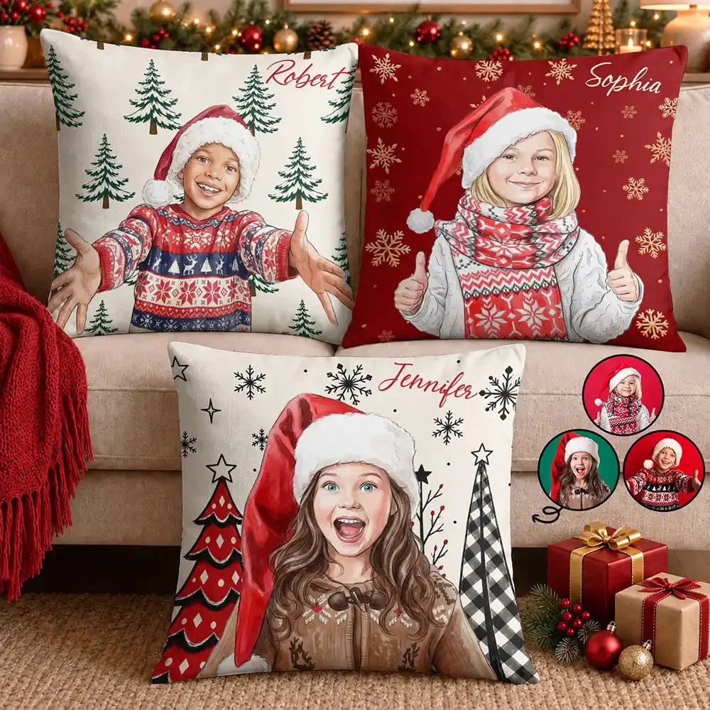 Custom Christmas Photo Pillow - Personalized Watercolor Gift For Kids - Holiday Memories Made Cozy