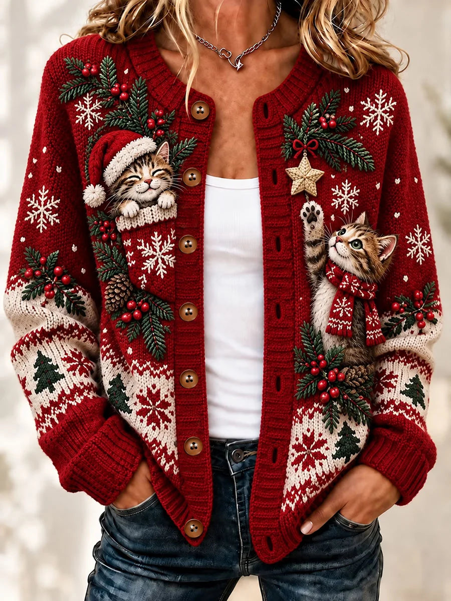 Women's Christmas Cute Cat  Art Print Casual Cardigan