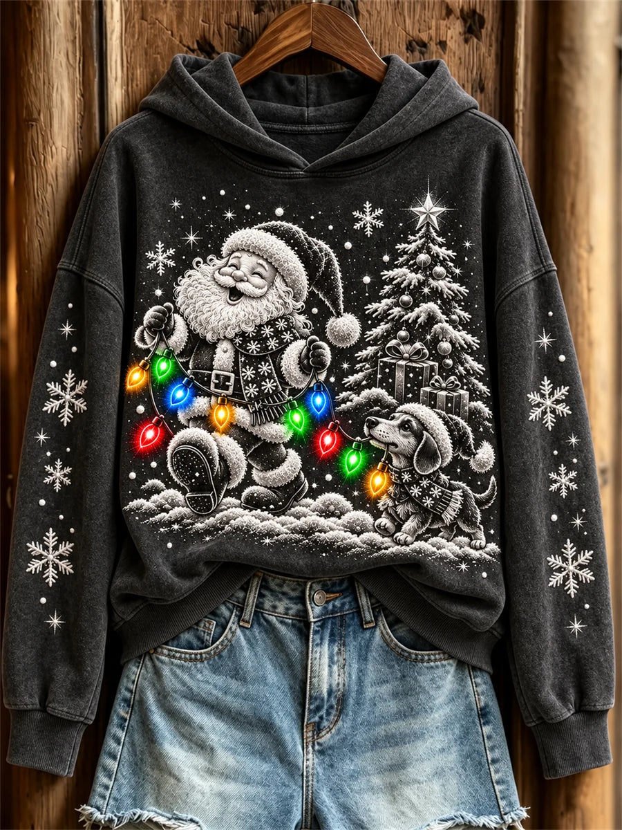 Women's Santa Claus & Dachshund Dog Colorful Christmas Lights Print Hoodie