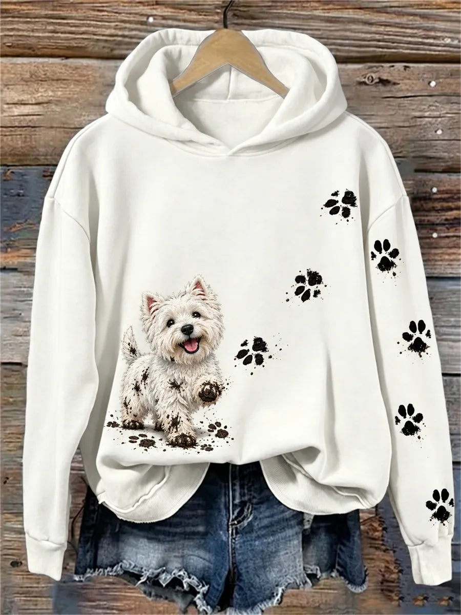 Women's Happy But Dirty West Highland White Terrier Dog & Paw Prints Print Cozy Hoodie