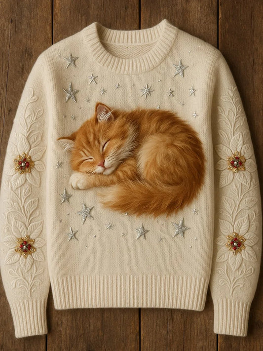 Women's Cute Cat Art Print Casual Crew Neck Sweater