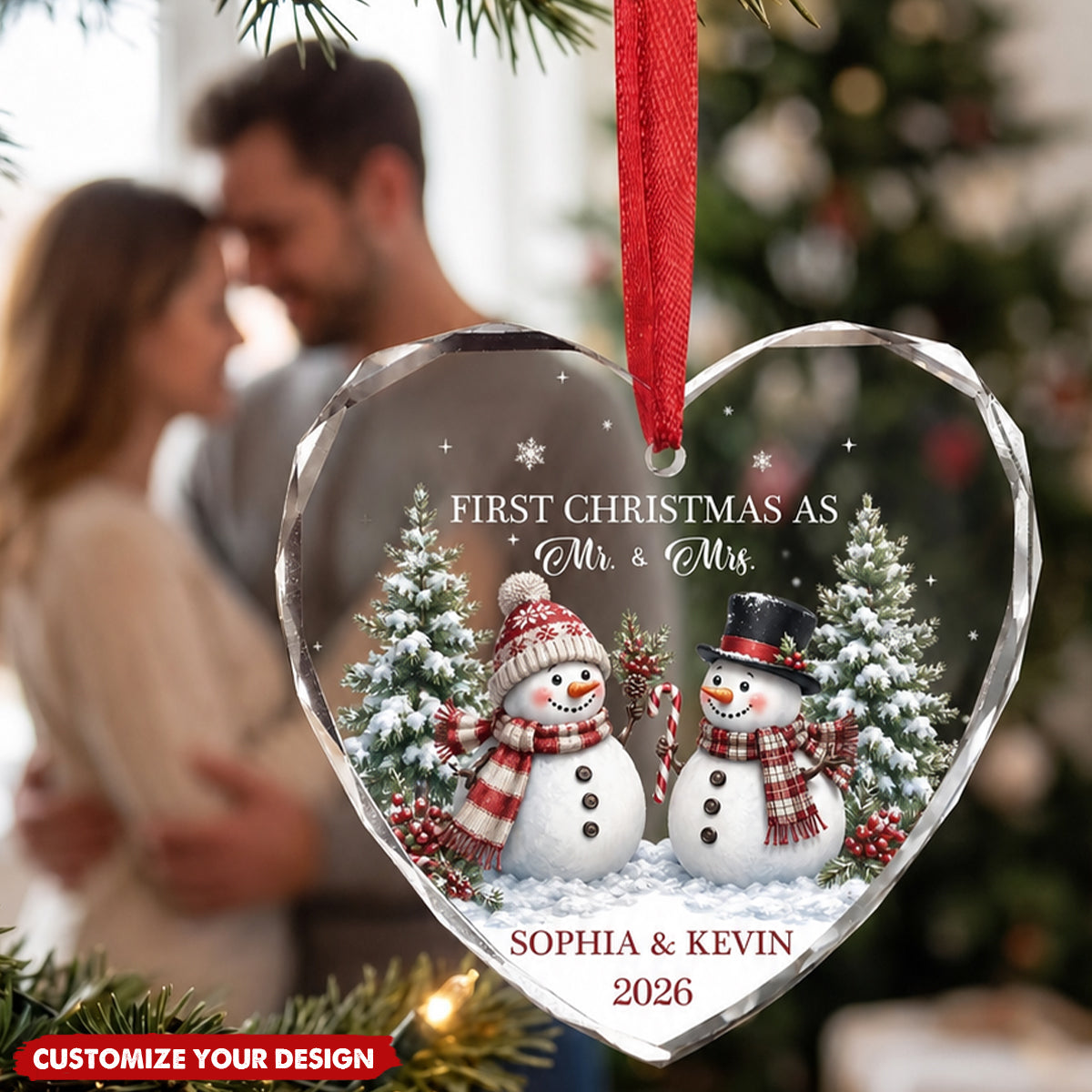 Personalized Heart Shaped Glass Ornament - First Christmas As Mr & Mrs Snowman - 2