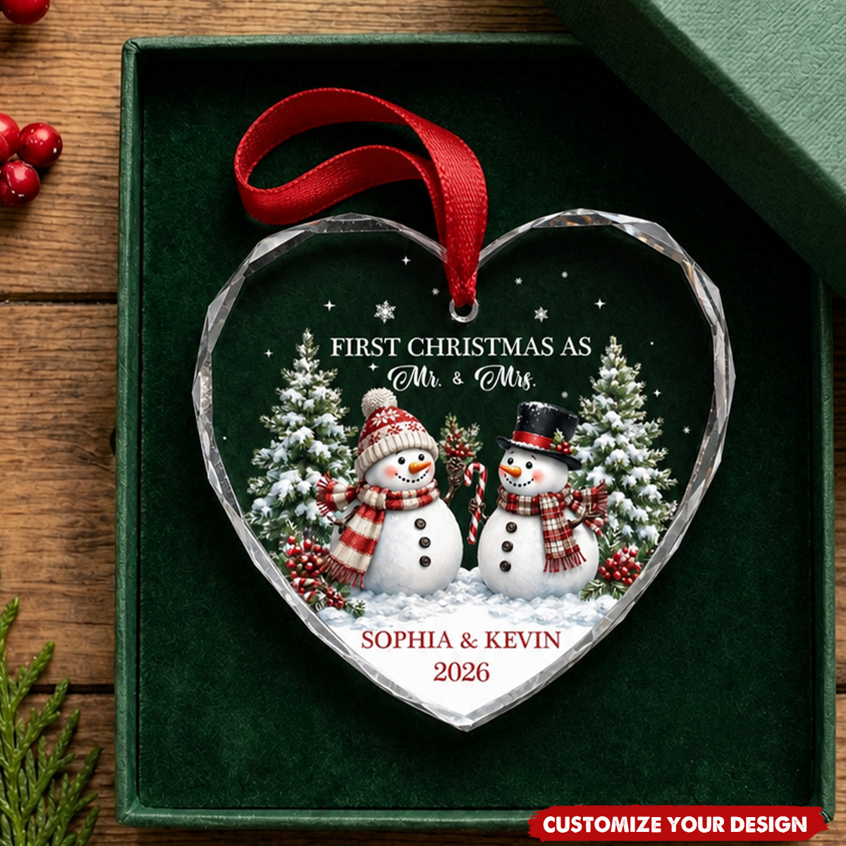 Personalized Heart Shaped Glass Ornament - First Christmas As Mr & Mrs Snowman - 3