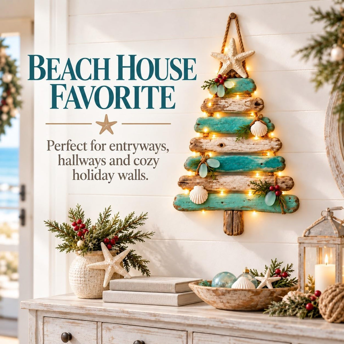 Coastal Christmas Driftwood Tree – Lighted Beach-Inspired Wall Decor
