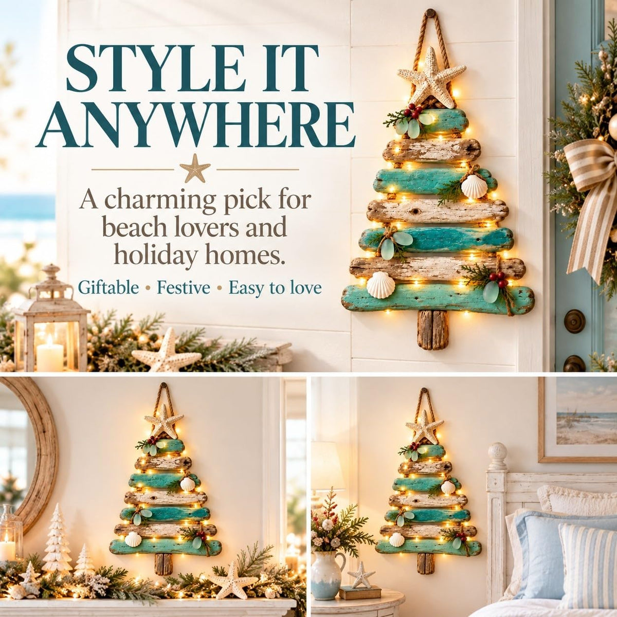 Coastal Christmas Driftwood Tree – Lighted Beach-Inspired Wall Decor