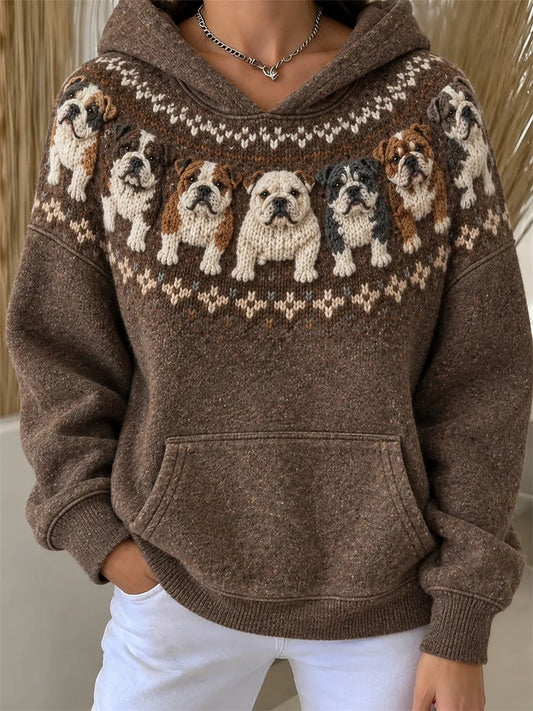 Women's Vintage Bulldogs Yoke Isle Print Loose Fit Hoodie