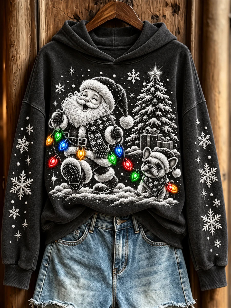 Women's Santa Claus & French Bulldog Colorful Christmas Lights Print Hoodie