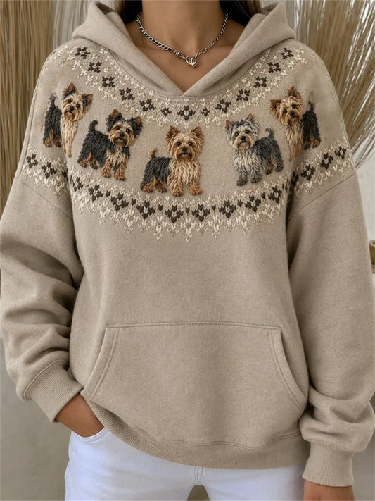 Women's Vintage Yorkie Dogs Yoke Isle Print Cozy Hoodie