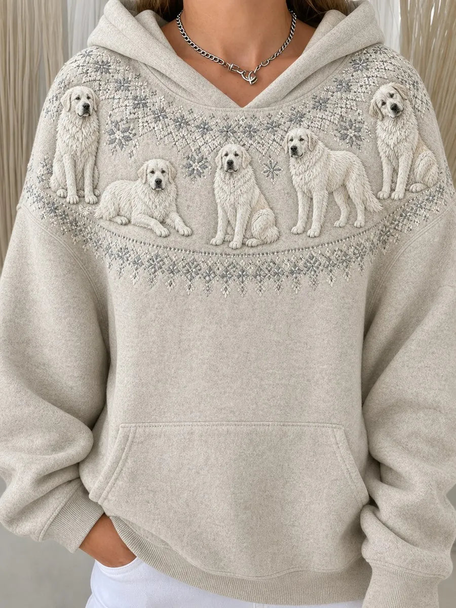 Women's Vintage Great Pyrenees Dogs Yoke Isle Pattern Print Cozy Hoodie