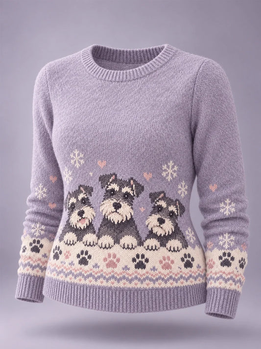 Women's Cute Winter Dog Print Long-Sleeve Knit Top