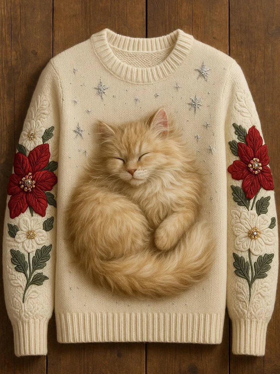 Women's Cute Cat Art Print Casual Crew Neck Sweater