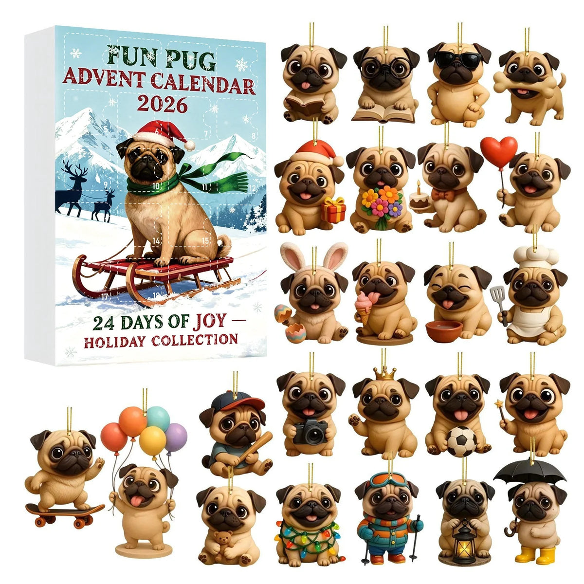 2026 Pug Christmas Ornament Advent Calendar (24-Piece Set) Blind Box