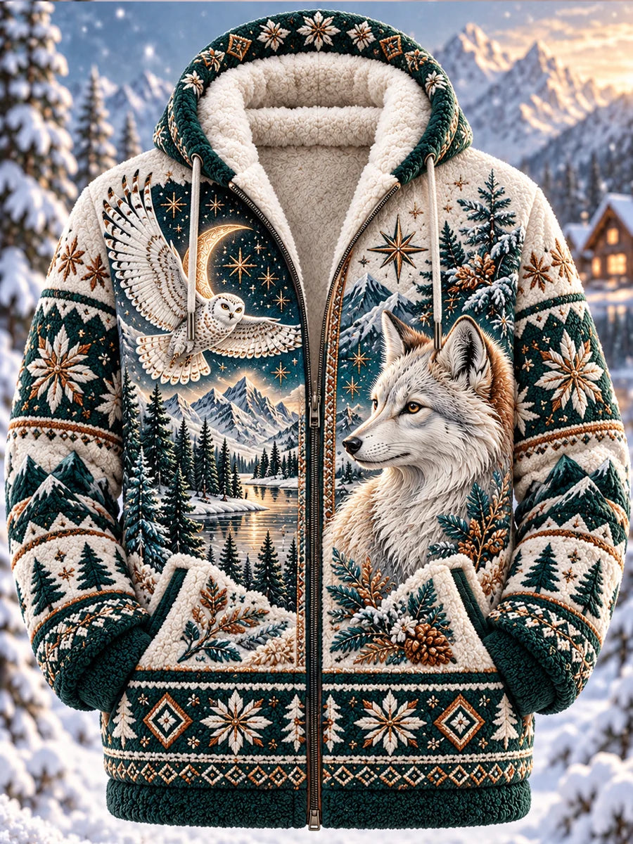 Men's Nordic Animal Print Flannel Zip-Up Hoodie