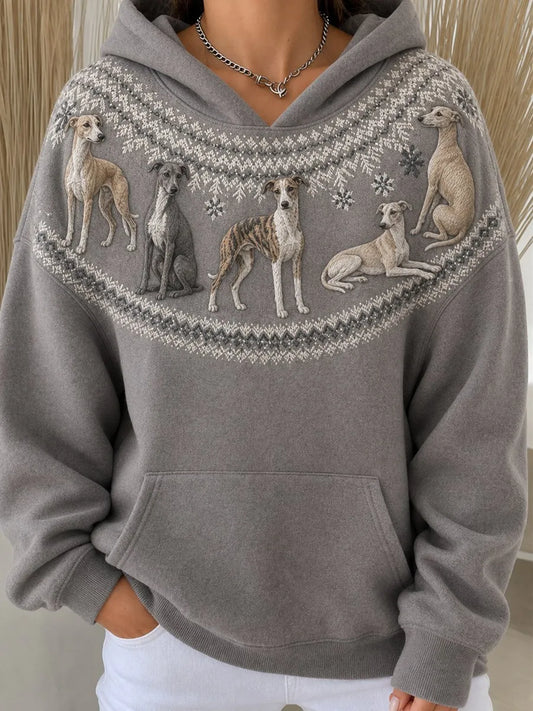 Women's Vintage Whippet Dogs Yoke Isle Pattern Print Cozy Hoodie