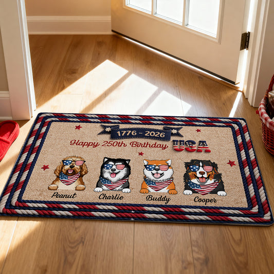 USA 250th Birthday Patriotic Flag Dog Faux Yarn Pattern - Personalized Doormat - Gift For Dog Lovers